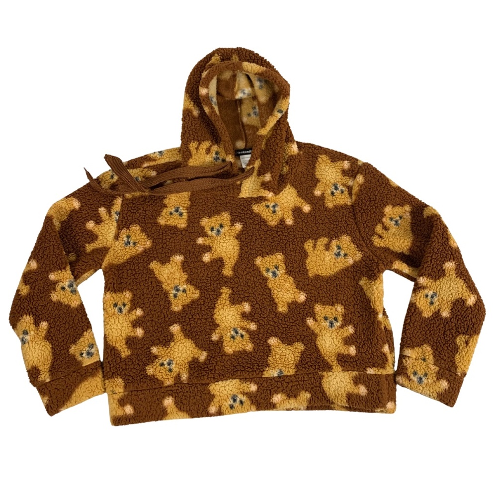 Weekending Teddy Bear Fleece Pullover Sweater Women's M Cozy Hooded Cropped